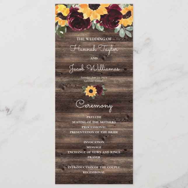 Sunflower and Roses Rustic Wood Wedding Program (Front)