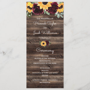Sunflower and Roses Rustic Wood Wedding Program