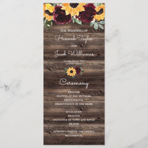 Sunflower and Roses Rustic Wood Wedding Program