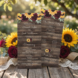Sunflower and Roses Rustic Wood Wedding Program