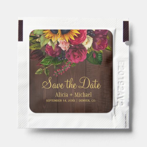 Sunflower and roses rustic wood wedding save date hand sanitizer packet