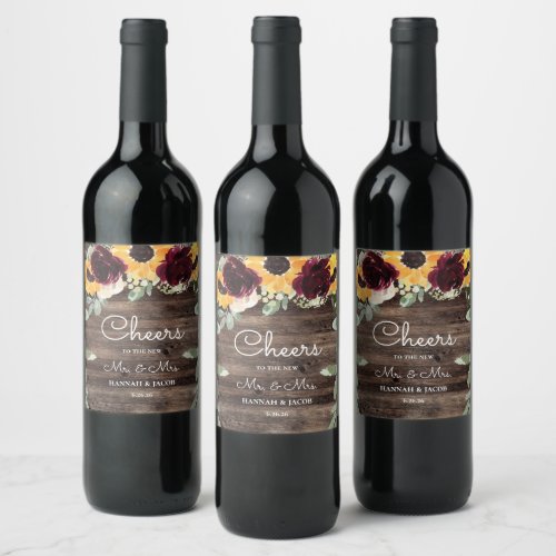 Sunflower and Roses Rustic Wood Wedding Wine Label