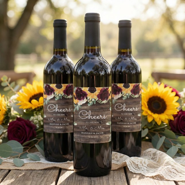 Sunflower and Roses Rustic Wood Wedding Wine Label (Creator Uploaded)
