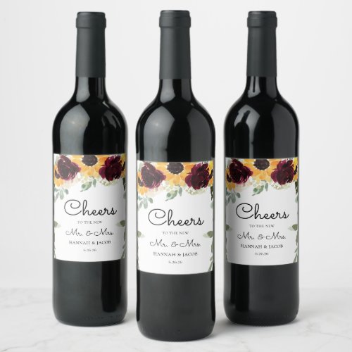 Sunflower and Roses Wedding Wine Label