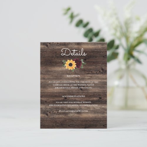 Sunflower and Roses Wood Rustic Wedding Enclosure Card
