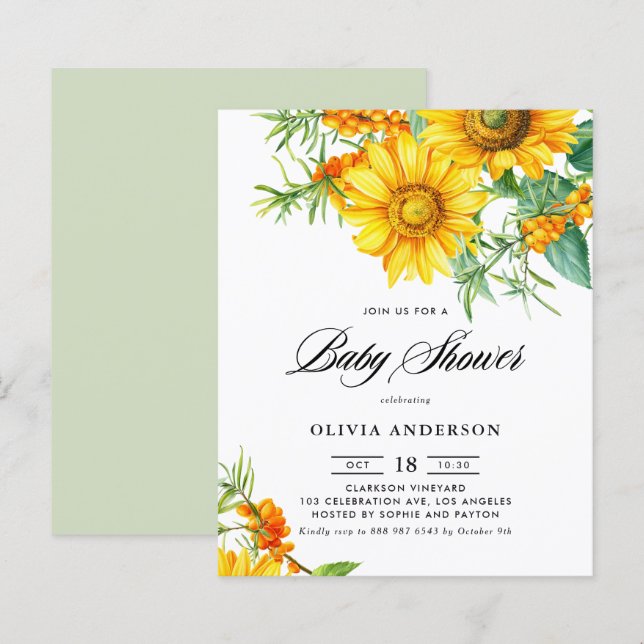 Sunflower and Sea Buckthorn Baby Shower Invitation (Front/Back)