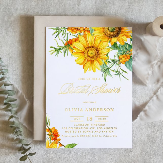 Sunflower and Sea Buckthorn Fall Bridal Shower Foil Invitation (Botanical bridal shower gold foil invitation featuring illustrations of sunflower and sea buckthorn.)