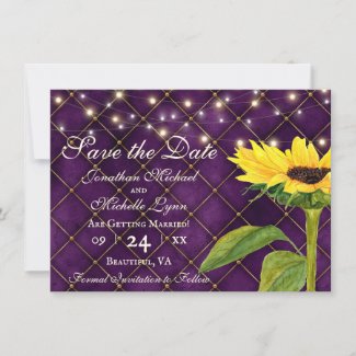 Sunflower and String Lights on Purple Wedding Save The Date