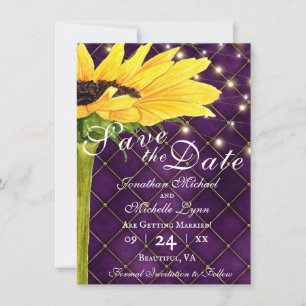 Sunflower and String Lights on Purple Wedding Save The Date