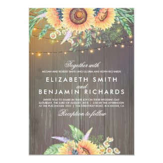Sunflower and String Lights Rustic Wood Wedding Card