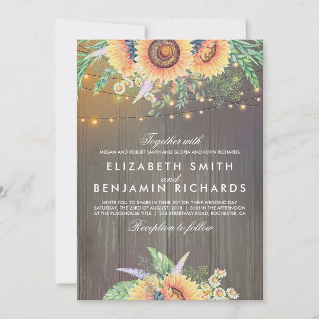 Sunflower and String Lights Rustic Wood Wedding Invitation (Front)