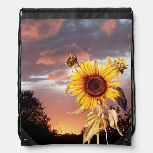 SUNFLOWER AND SUMMER SUNSET WITH PINK CLOUDS DRAWSTRING BAG