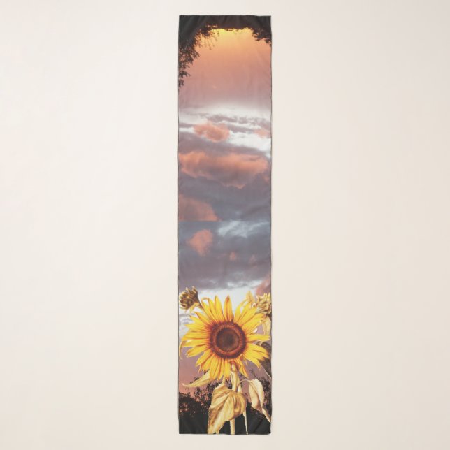 SUNFLOWER AND SUMMER SUNSET WITH PINK CLOUDS SCARF (Front)