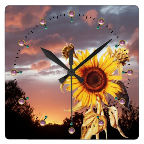 SUNFLOWER AND SUMMER SUNSET WITH PINK CLOUDS SQUARE WALL CLOCKS