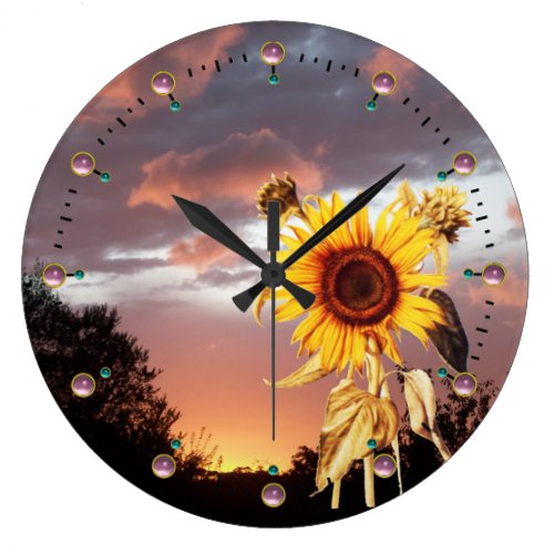 SUNFLOWER AND SUMMER SUNSET WITH PINK CLOUDS WALLCLOCK