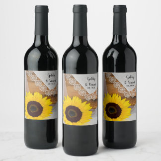 Sunflower and Vintage Lace Country Wedding Wine Label