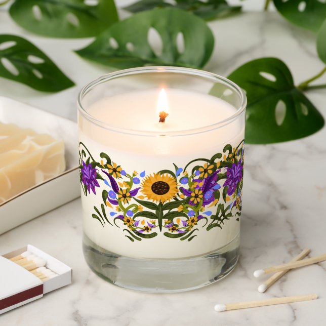 Sunflower and Violets Floral Border Lovely Scented Candle (Lit)
