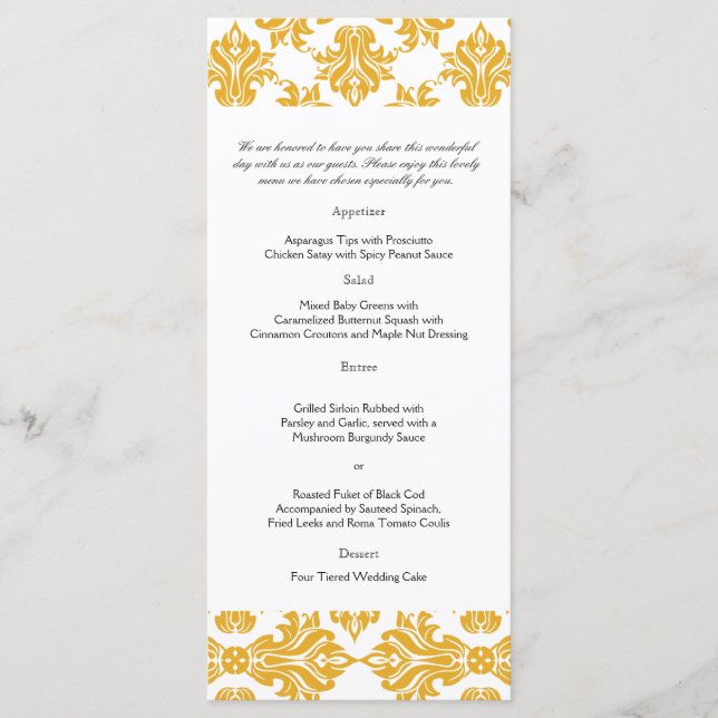 Sunflower and White Damask Wedding Menu (Front)