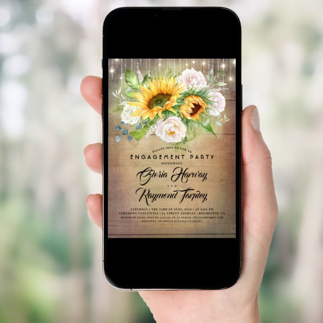 Sunflower and White Rose Rustic Engagement Party Invitation (Front Digital)