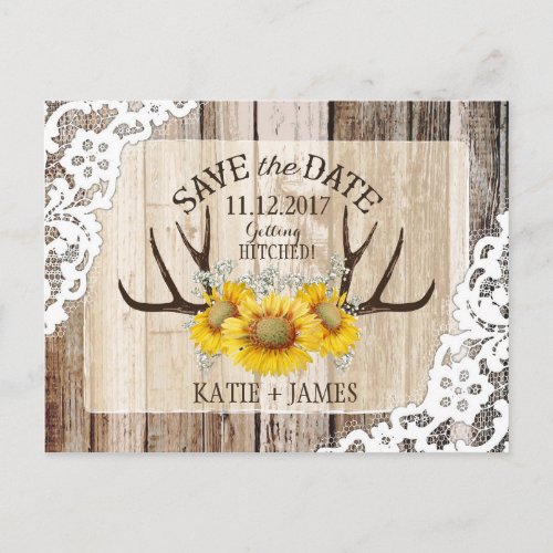 Sunflower Antlers Wood Lace Rustic Save the Date Announcement Postcard