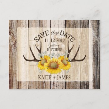 Sunflower Antlers Wood Rustic Save The Date Announcement Postcard by NouDesigns at Zazzle