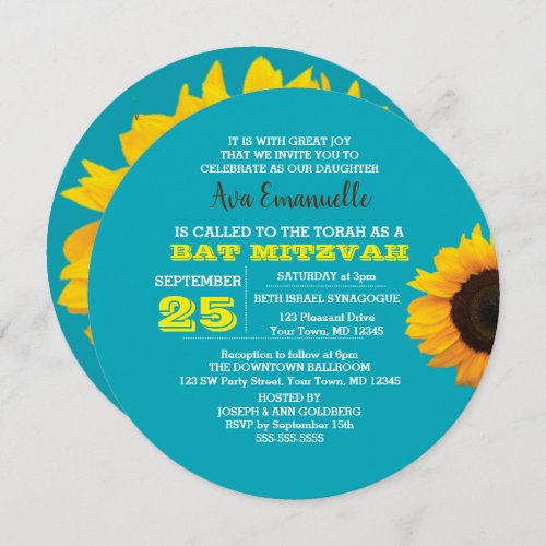 Sunflower Aqua Round Bat Mitzvah Invitation
