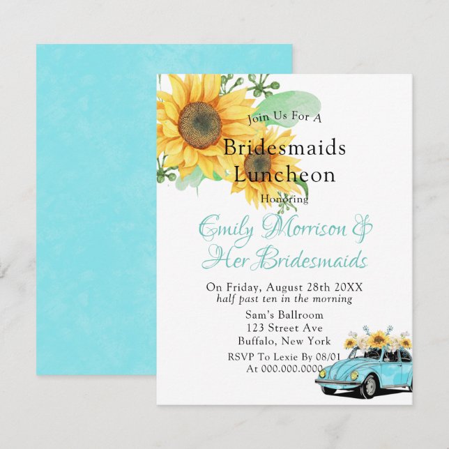 Sunflower Aqua Vintage Car Bridesmaids Luncheon Invitation (Front/Back)