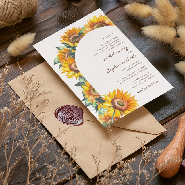 Sunflower Arch Botanical White Summer Fall Wedding Invitation (Creator Uploaded)