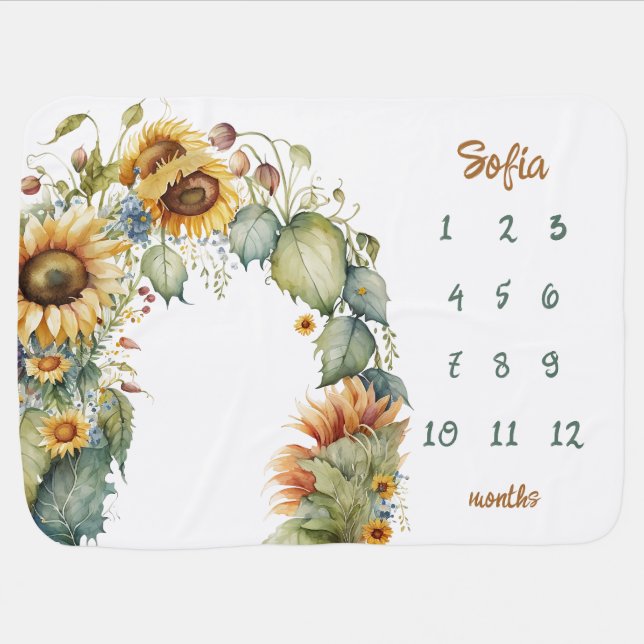 Sunflower Arch Custom Name Floral  Milestone  Baby Blanket (Horizontal)