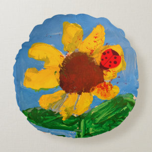 Sunflower "Art by Kids" Round Pillow