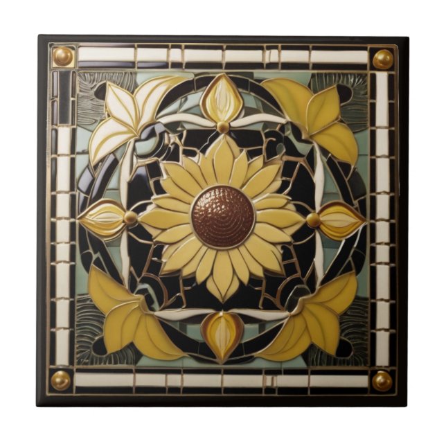 Sunflower Art Deco Nouveau Yellow and Black Ceramic Tile (Front)