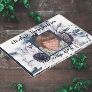 Sunflower Art in Blue and White Photo Funeral Guest Book