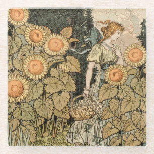 Sunflower Art Nouveau Garden Grasset Woman Glass Coaster
