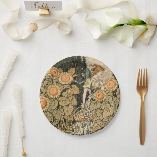 Sunflower Art Nouveau Garden Grasset Woman Paper Plates (Wedding)