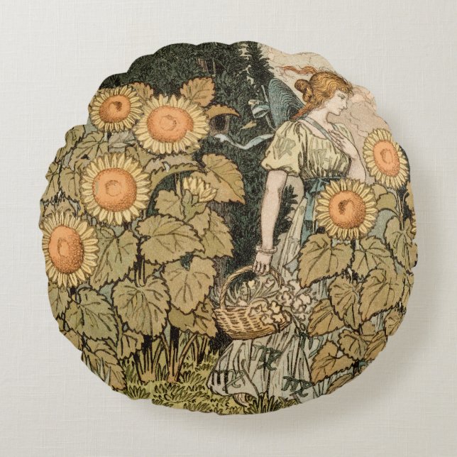 Sunflower Art Nouveau Garden Grasset Woman Round Pillow (Front)