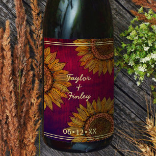 Sunflower Art Rustic Burgundy Personalized Wedding Wine Label