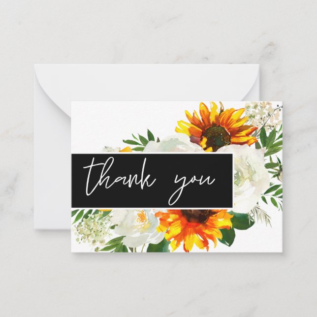 Sunflower Artsty Floral - White 1 Thank You Note Card (Front)