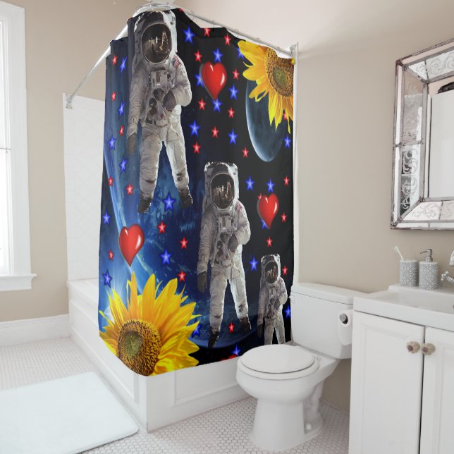 Sunflower Astronaut Shower Curtain (In Situ)