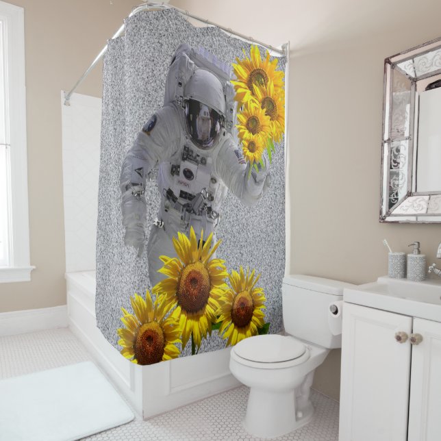 Sunflower Astronaut Shower Curtain (In Situ)