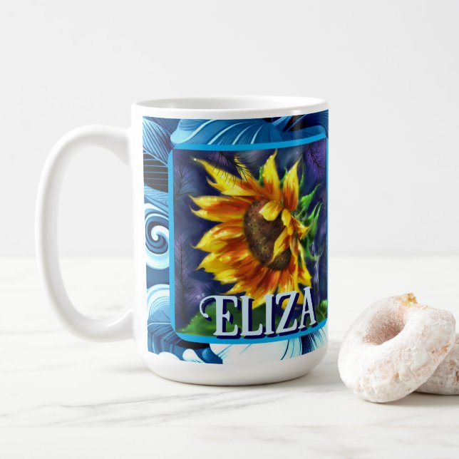 Sunflower at Night Flower Floral Personalized Coffee Mug (With Donut)