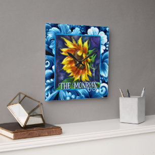 Sunflower at Night Flower Floral Personalized Square Wall Clock
