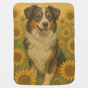 Sunflower Australian Shepherd Baby Blanket