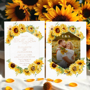 Sunflower Autumn Fall in Love Photo Wedding Real Foil Invitation