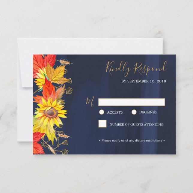 Sunflower Autumn Leaves Wedding RSVP Response Card (Front)