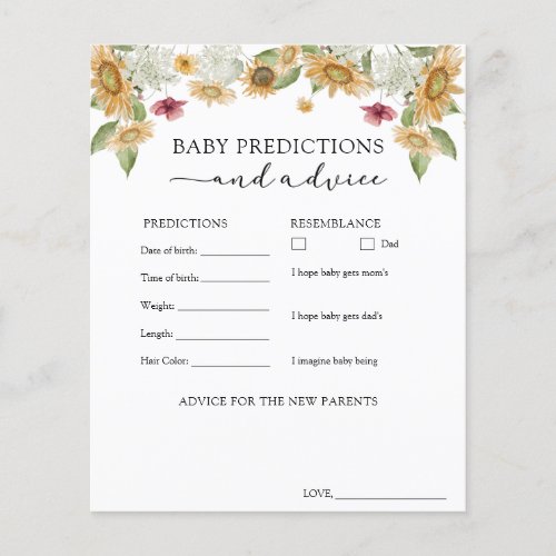 Sunflower Baby Advice and Predictions Card