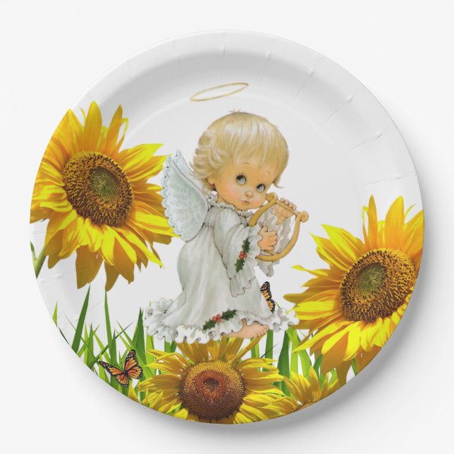 Sunflower Baby Angel Paper Plates (Front)