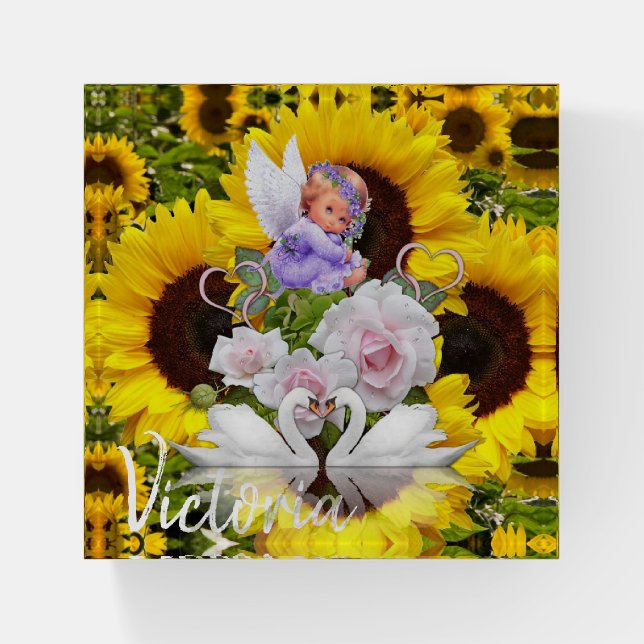 Sunflower Baby Angel Swans Floral Paperweight (Front)