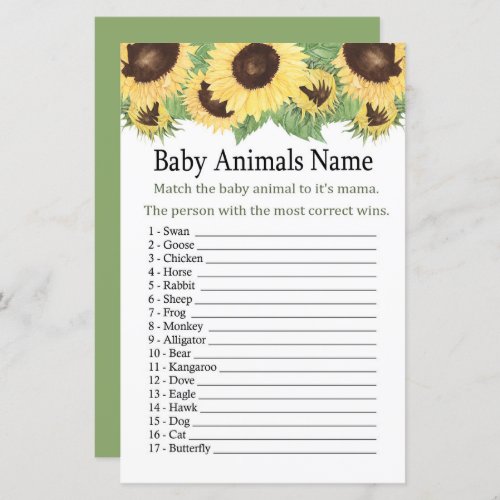 Sunflower Baby Animals Name Game