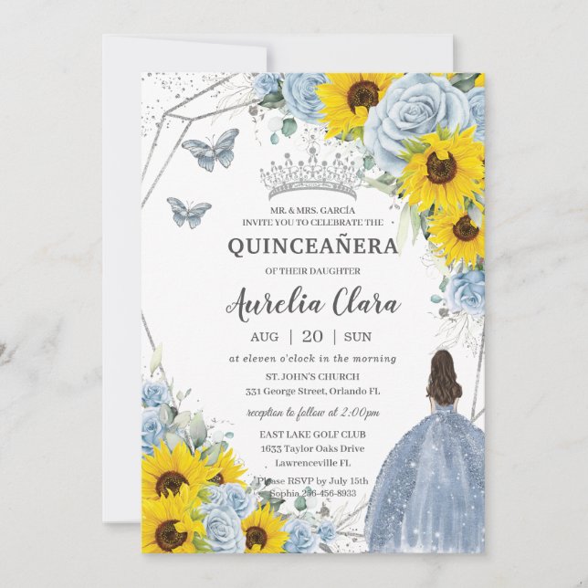 Sunflower Baby Blue Floral Princess Quinceañera Invitation (Front)