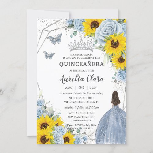 Sunflower Baby Blue Floral Princess Quinceaera Invitation